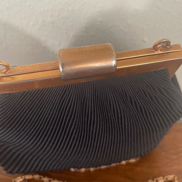 Carla Marchi Vintage Pleated/Crinkle Evening Bag Black gold tone Byzantine Chain - Picture 4 of 9